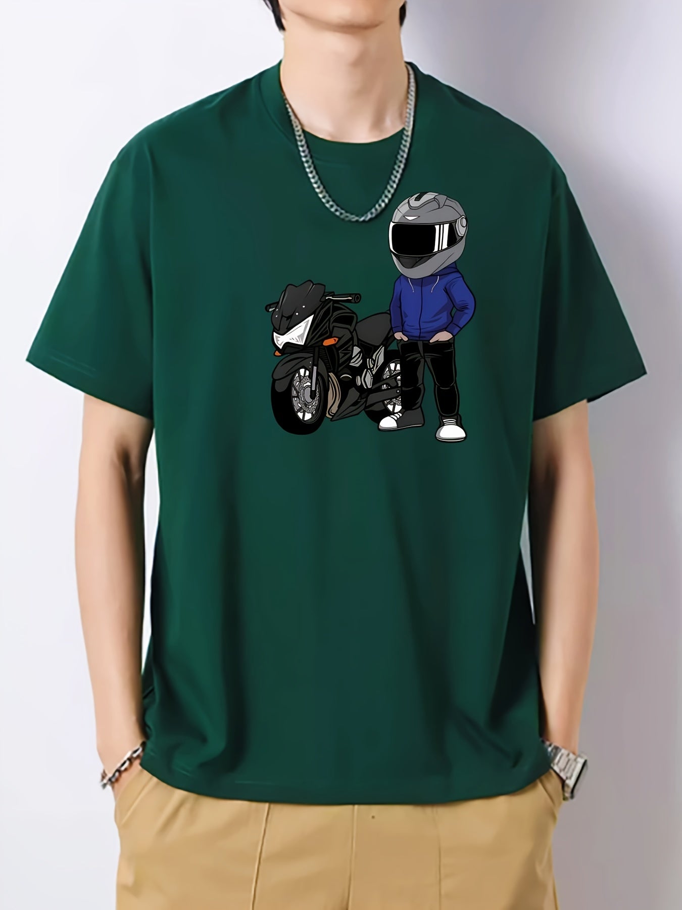 Motorcycle Print Graphic Cotton Crew Neck T-shirt for Men