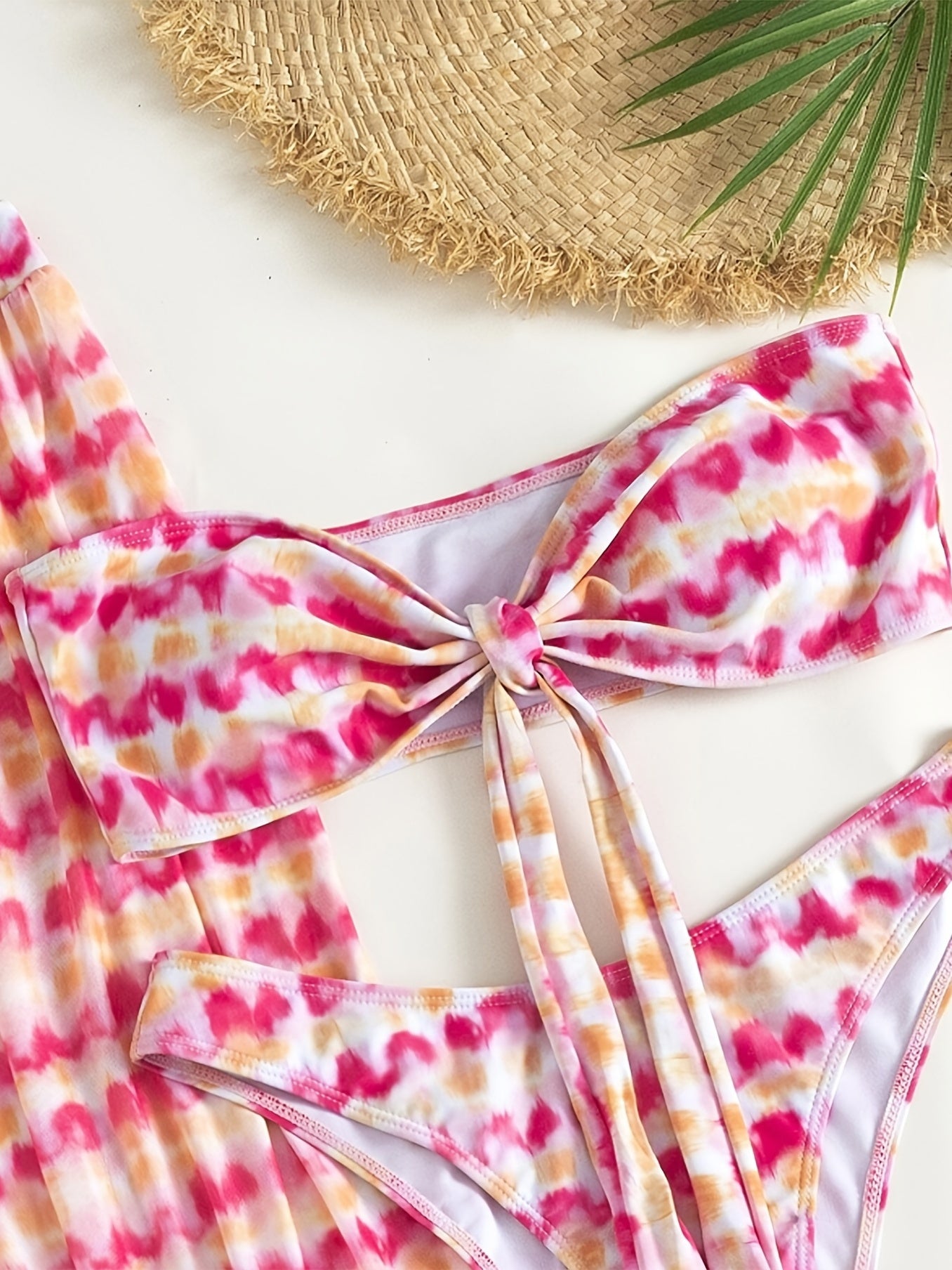Tie Dye Knot Front Bandeau Bikini Set with Cover Up