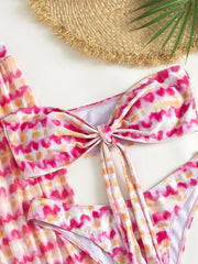 Tie Dye Knot Front Bandeau Bikini Set with Cover Up