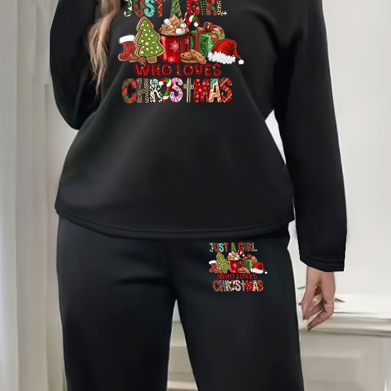 Christmas Lounge Set Women's Plus Christmas Elements & Slogan Print