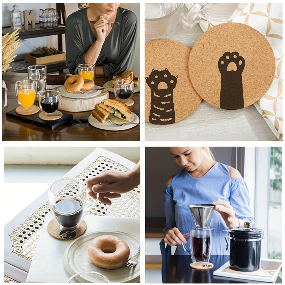 6pcs Cat's Claws Pattern Cork Coasters Round Wooden Mat for Hot Drinks