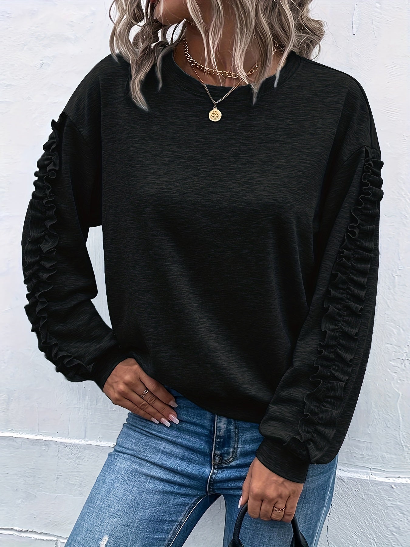 Solid Pleated Sweatshirt Long Sleeve Women's Casual Top