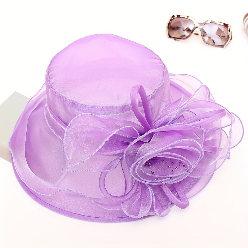 Mesh Flower Organza Sun Hat Wide Brim Derby Hat Solid Breathable Church Hat