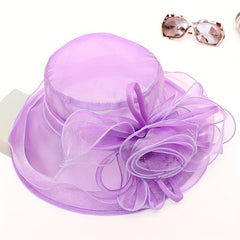 Mesh Flower Organza Sun Hat Wide Brim Derby Hat Solid Breathable Church Hat