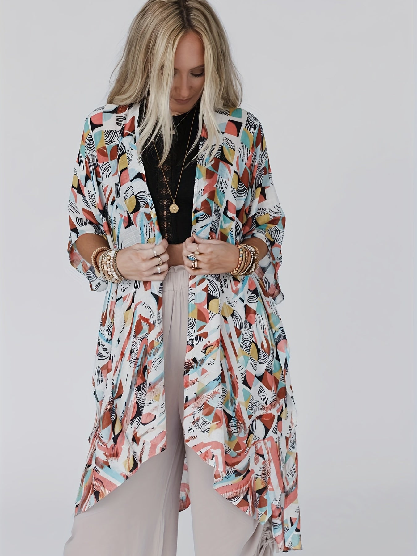 Boho Kimono Open Front Split Cover Up Kimono