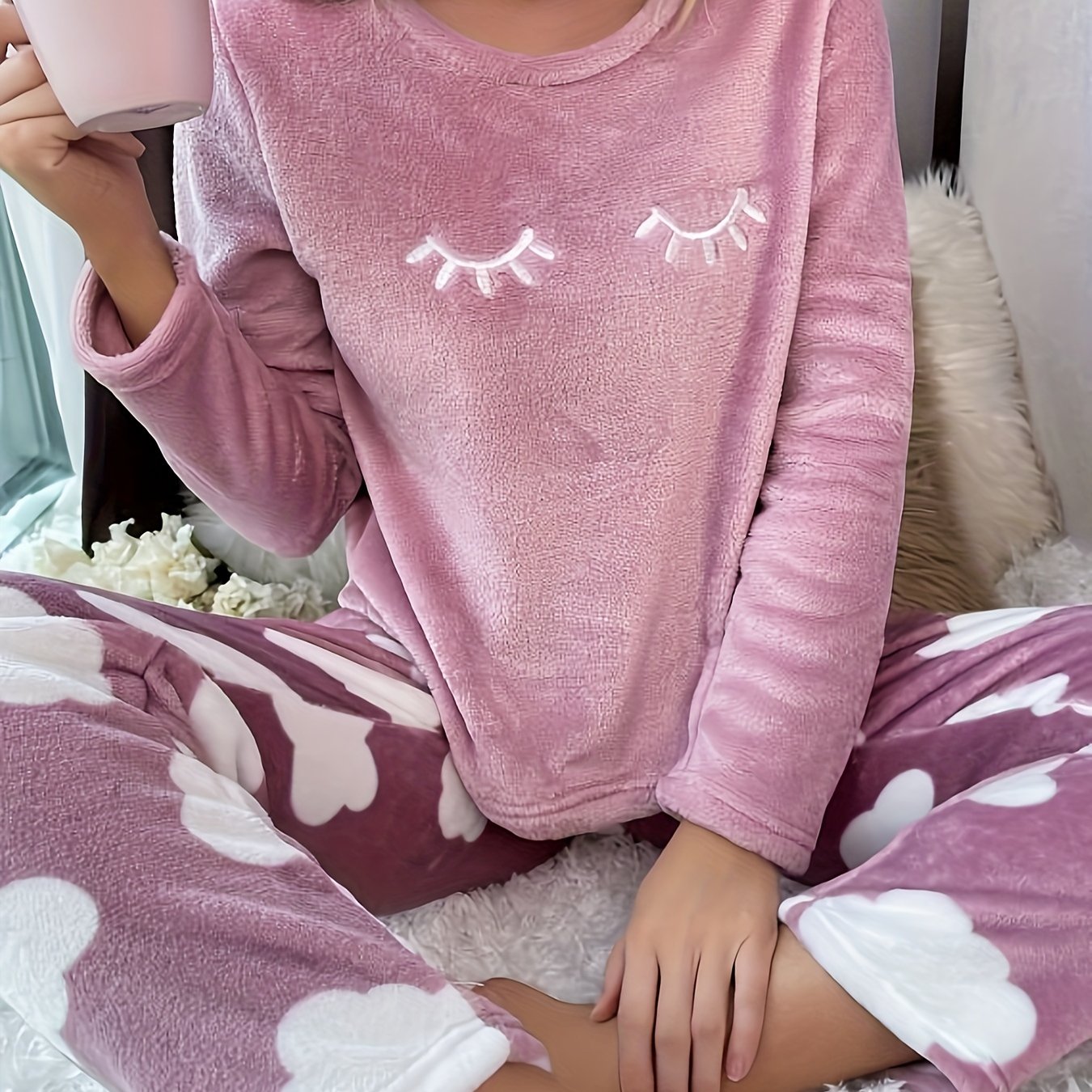 Eyelash & Cloud Print Pajamas Set Long Sleeve Top & Pants Women's Sleepwear