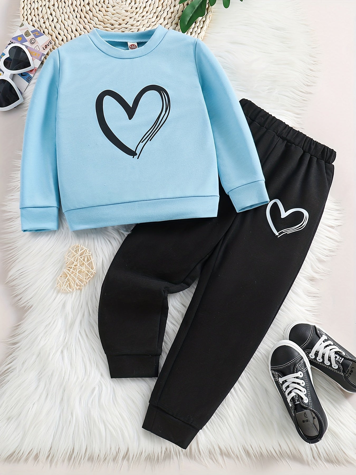 Girl's 2pcs Sweatshirt & Sweatpants Set Love Heart Print