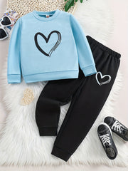 Girl's 2pcs Sweatshirt & Sweatpants Set Love Heart Print
