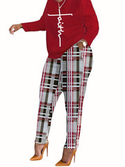 Women's Plus Art Letter Print Top & Printed Pants Two Piece Set