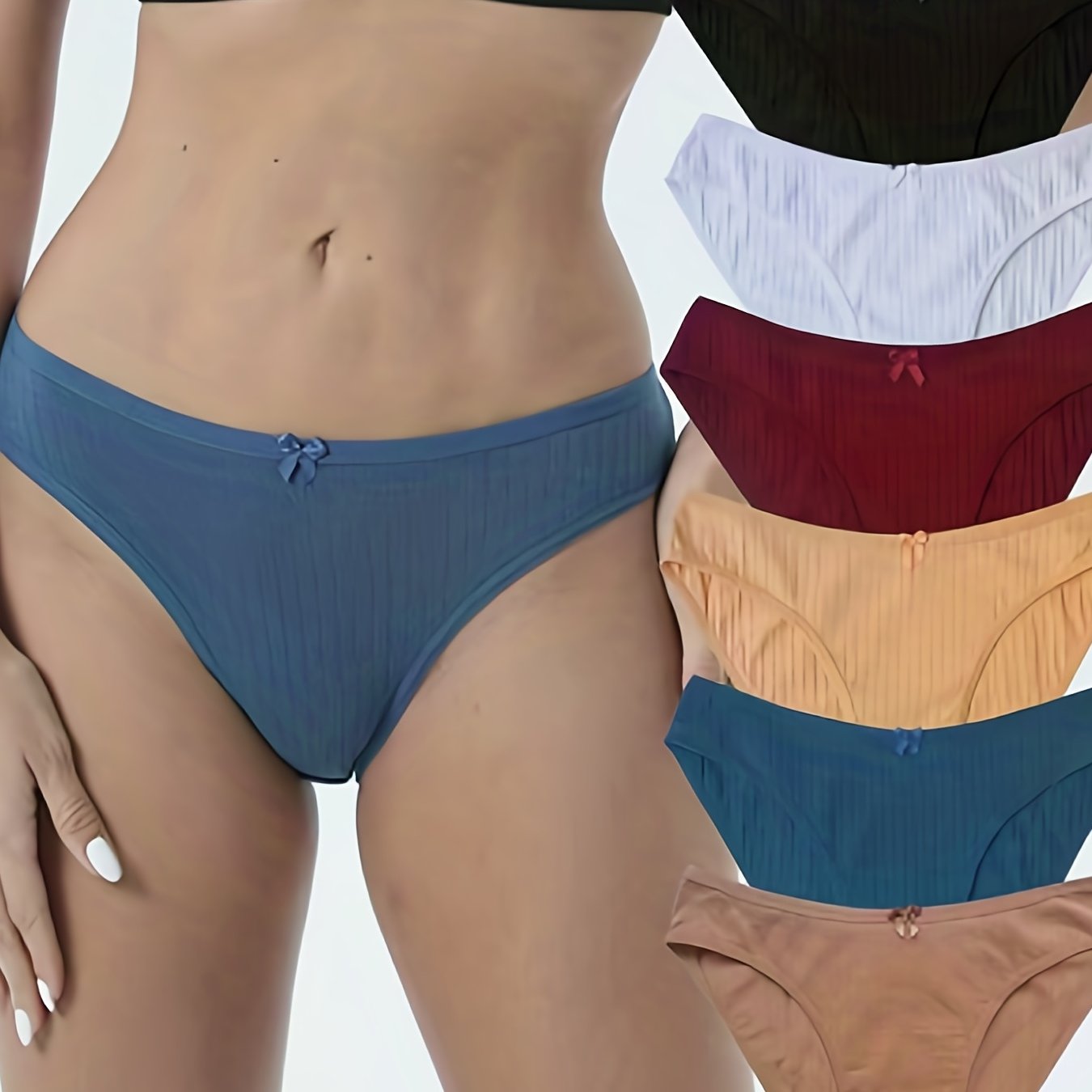 6pcs Solid Ribbed Briefs Comfy Stretchy Intimates Panties