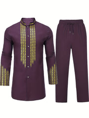 Solid Cotton Men's African 2 Pcs Set Dashiki & Pants Outfit