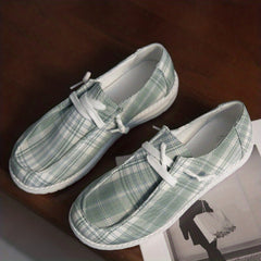 Women's Light Green Plaid Canvas Shoes Casual Lace Up Sneakers Lightweight