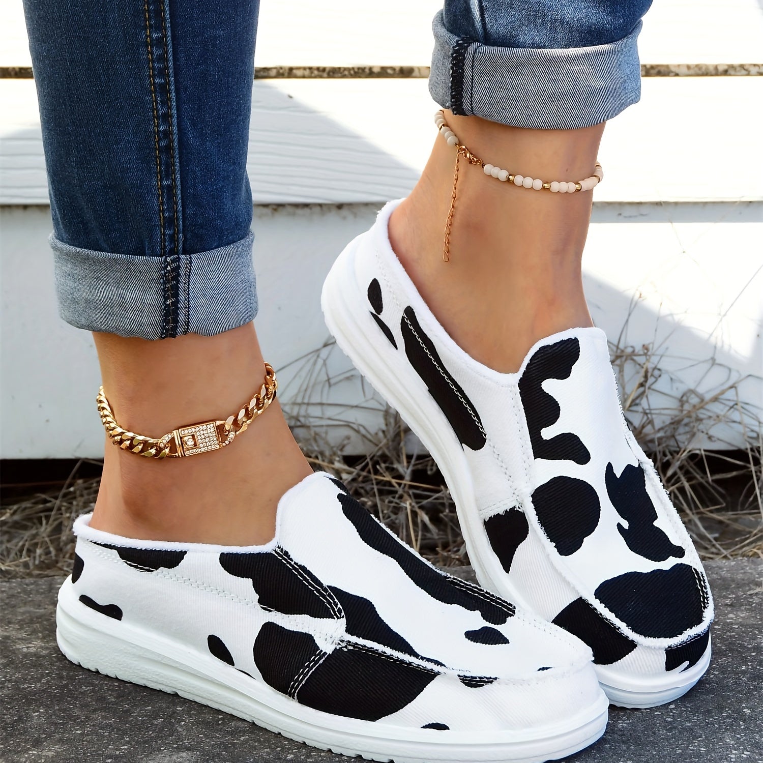 Cow Pattern Mules Sneakers Women's Lightweight Walking Shoes