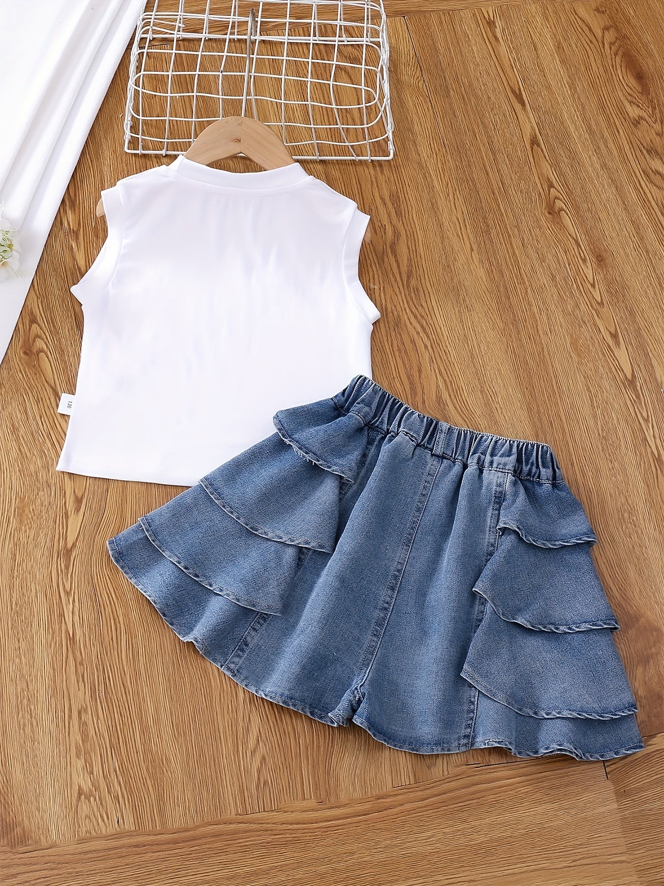 Girls Sleeveless Denim Vest Top and Cake Skort Set