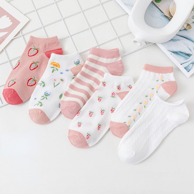 Pink Ankle Socks Floral Pattern Low Cut Women's Stockings