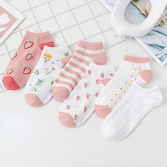 Pink Ankle Socks Floral Pattern Low Cut Women's Stockings