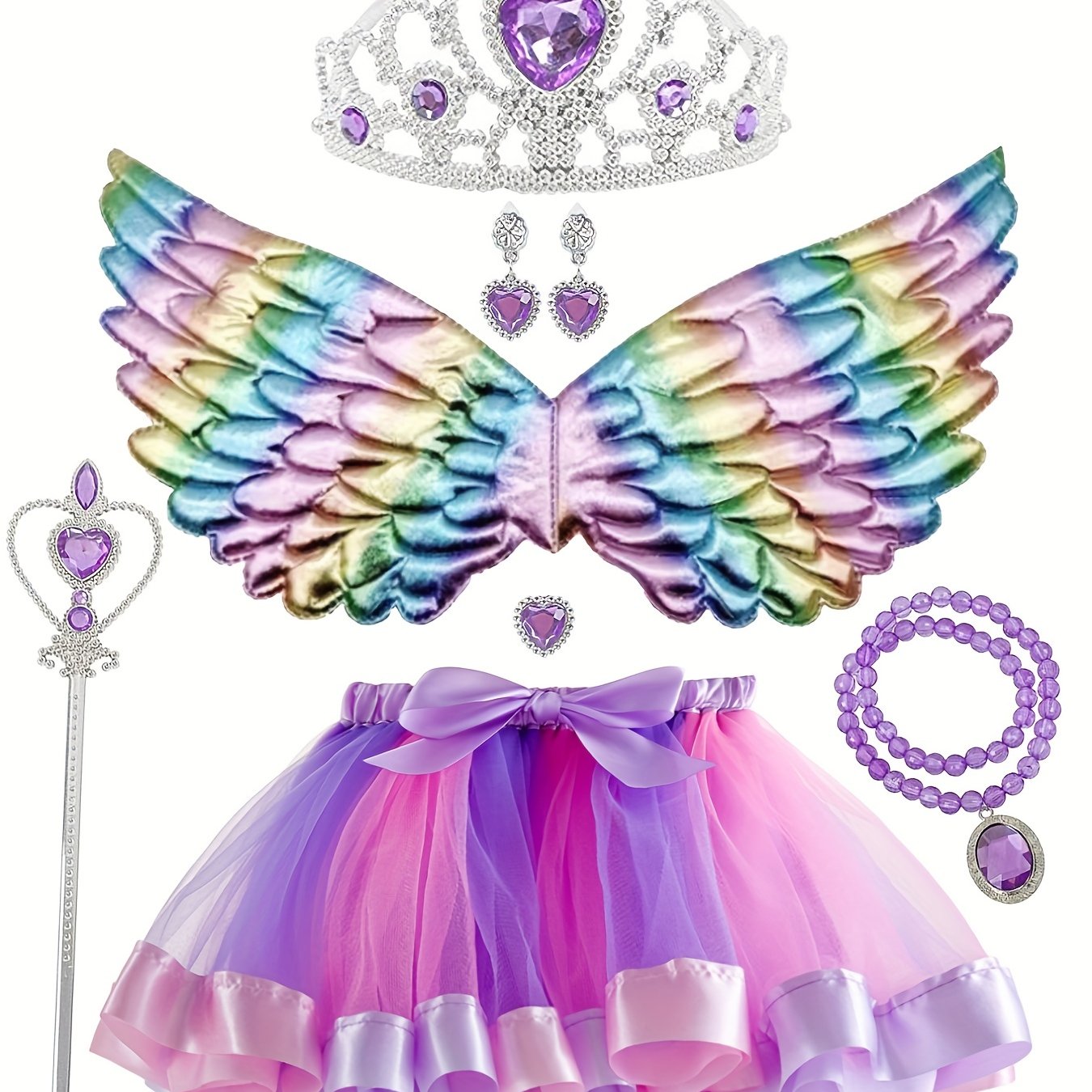 7pc Girls Dress Up Costume Set Rainbow Wings Crown Wand Accessories