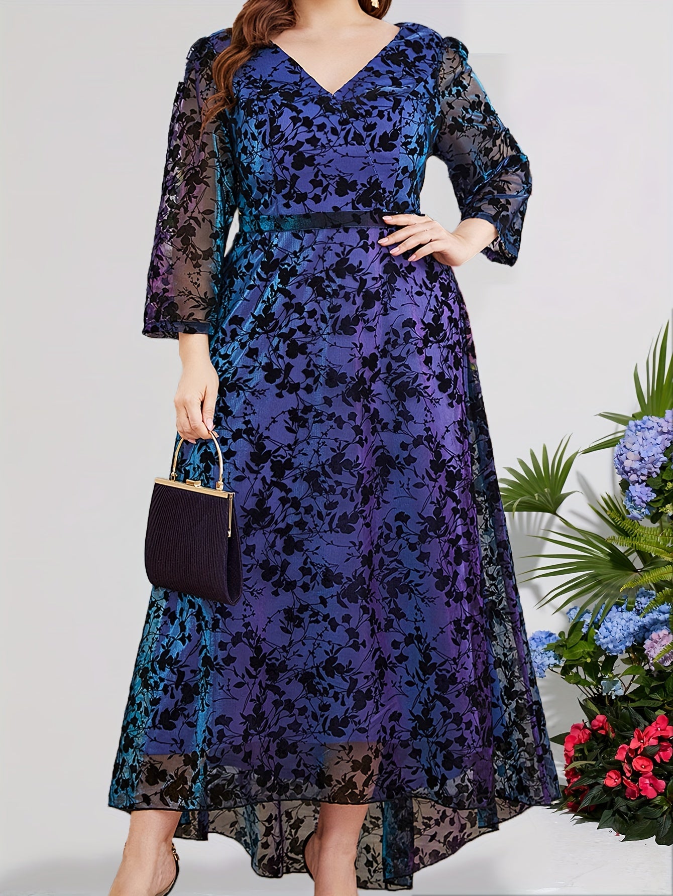 Floral Embroidered V Neck Maxi Dress