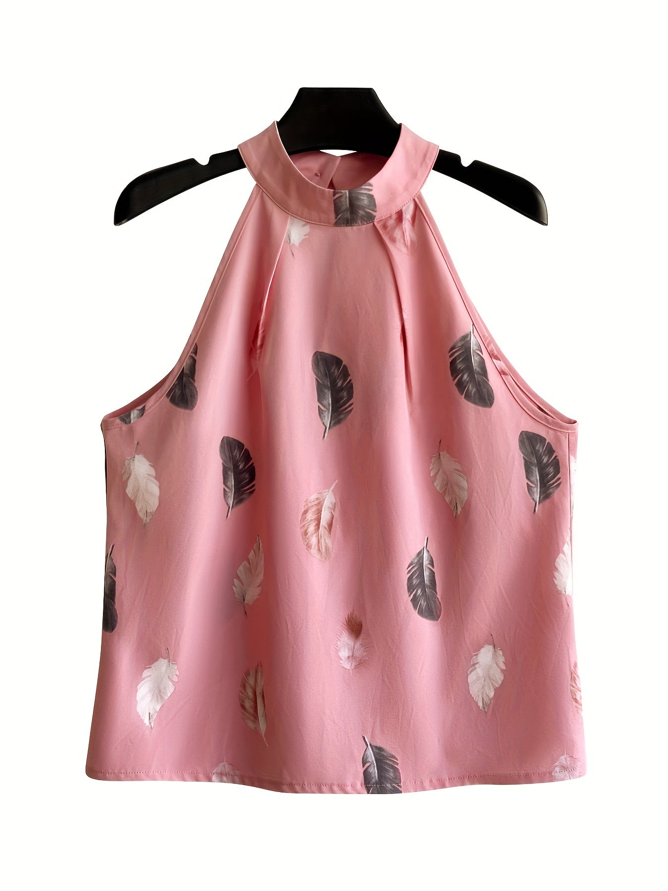 Feather Print Halter Neck Top Sleeveless Summer Women's Clothing