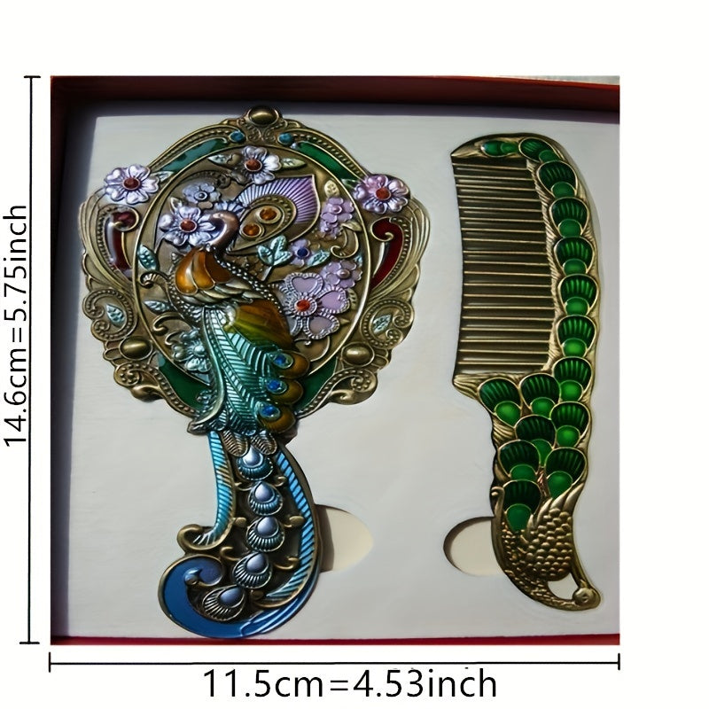 Vintage Peacock Handheld Mirror Comb Set