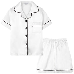 Girls Pajamas Set V Neck Button Short Sleeve Top & Shorts Kids Summer Outfit