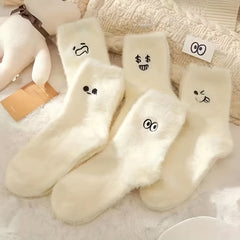 Cartoon Embroidered Plush Mid calf Socks, Warm Winter Socks