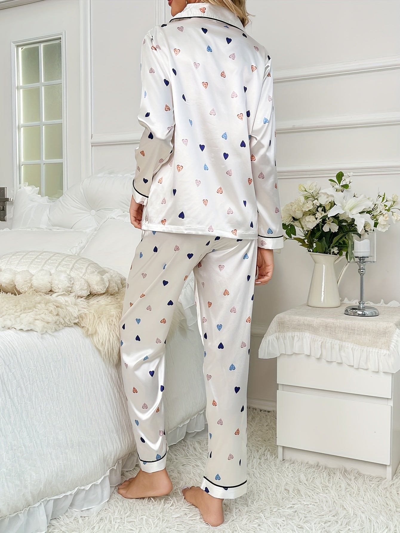 Heart Print Satin Pajamas Set Long Sleeve Top & Pants Women's Sleepwear