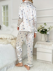 Heart Print Satin Pajamas Set Long Sleeve Top & Pants Women's Sleepwear