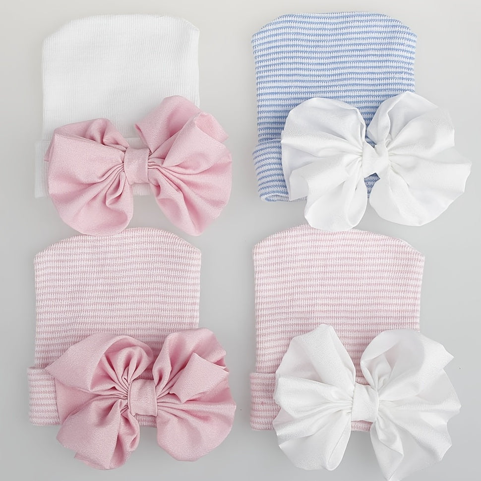 Baby Girls Bow Knit Striped Cap Elastic Thermal Beanie
