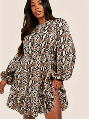Snake Print Lantern Sleeve Smock Dress