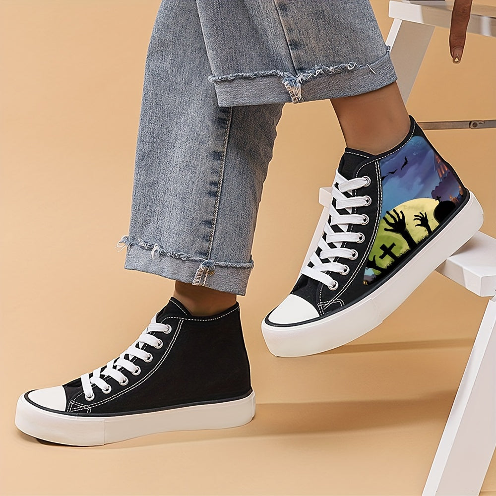 Halloween Scary Graveyard Pattern High Top Canvas Sneakers
