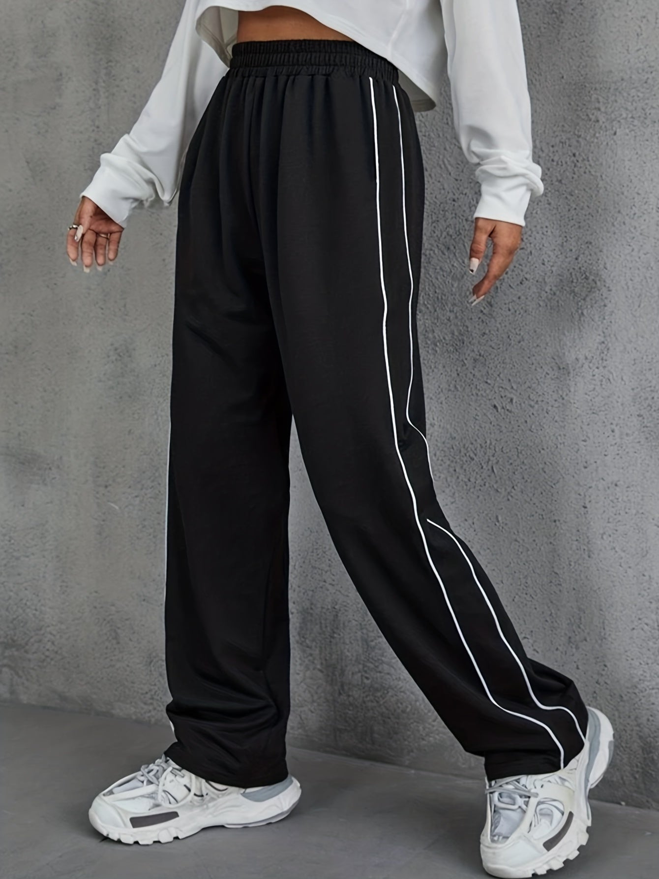 Sports Pants Women's Plus Solid Stitching High Rise Loose Fit Pants