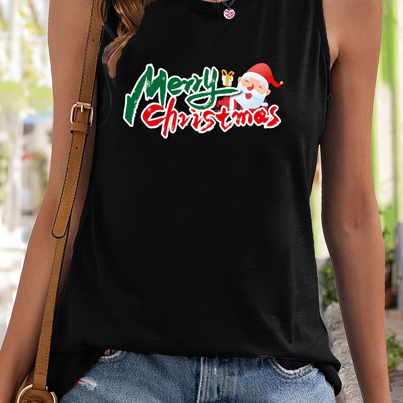 Santa Claus & Letter Print Sleeveless Sports Vest Women's Activewear