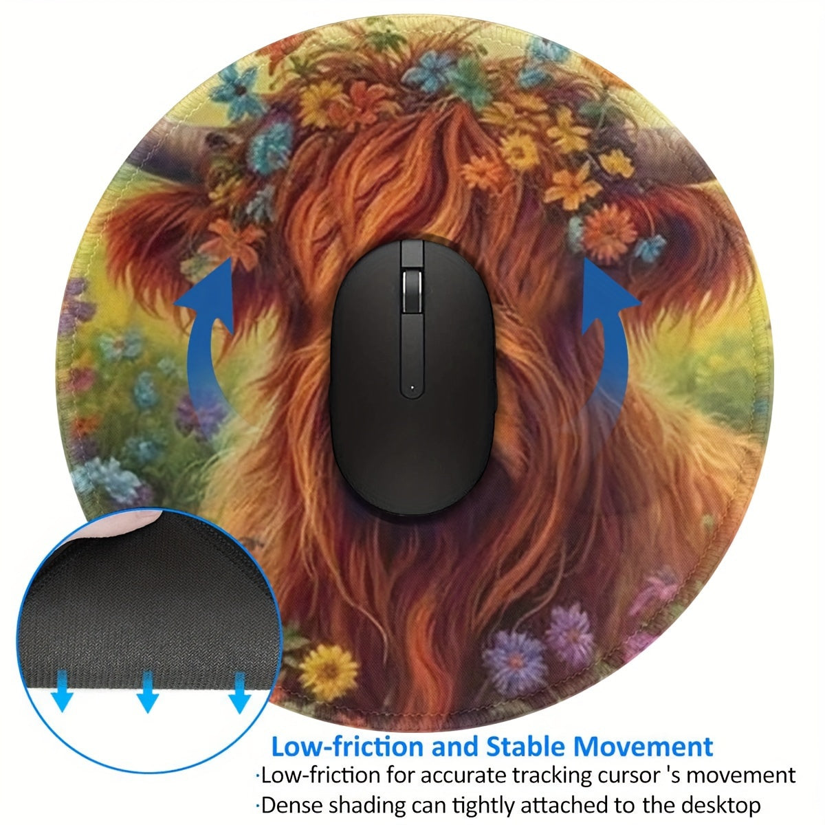 Highland Cow Pattern Mouse Pad Round Mouse Mat Non Slip Rubber Base Mousepad