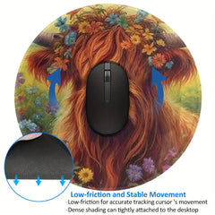 Highland Cow Pattern Mouse Pad Round Mouse Mat Non Slip Rubber Base Mousepad