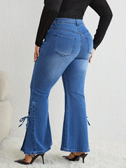 Women's Washed Button Fly Lace Up Flared Leg Jeans