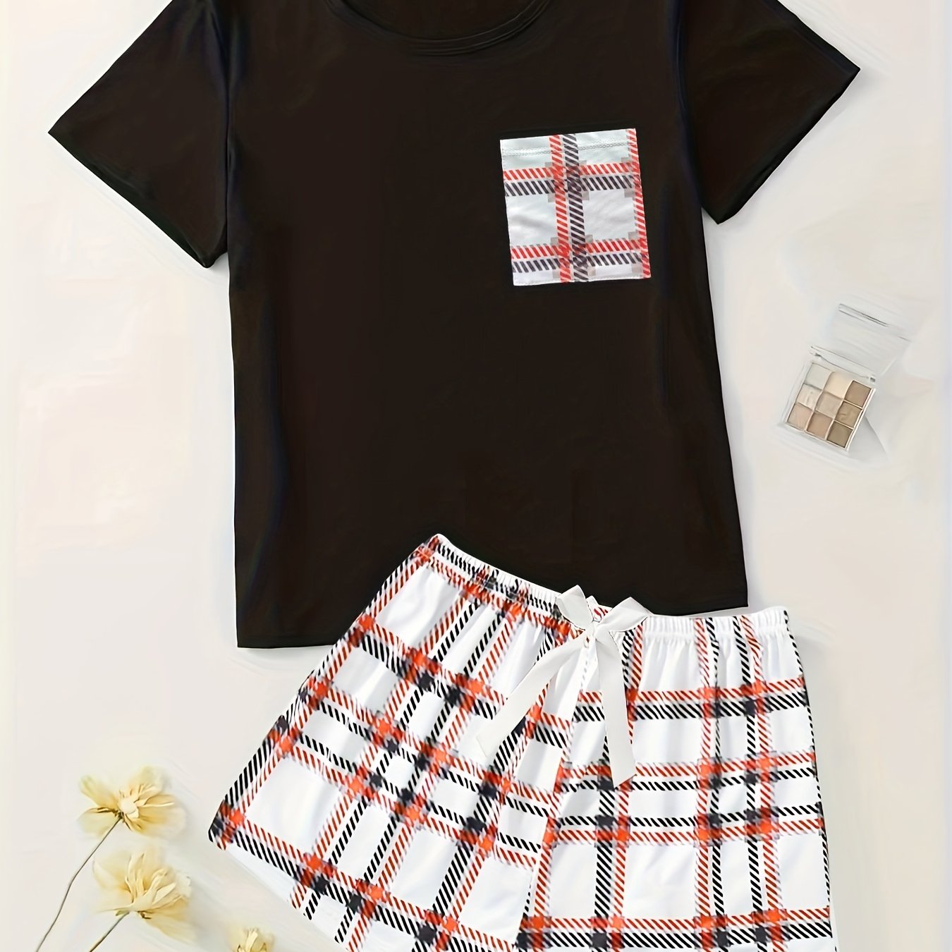 Plaid Print Pajama Set Short Sleeve Top & Shorts