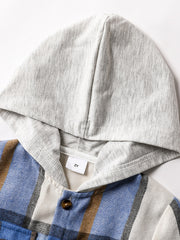 Boys Plaid Shirt Short Sleeves Hood Pocket Casual Kids Clothes