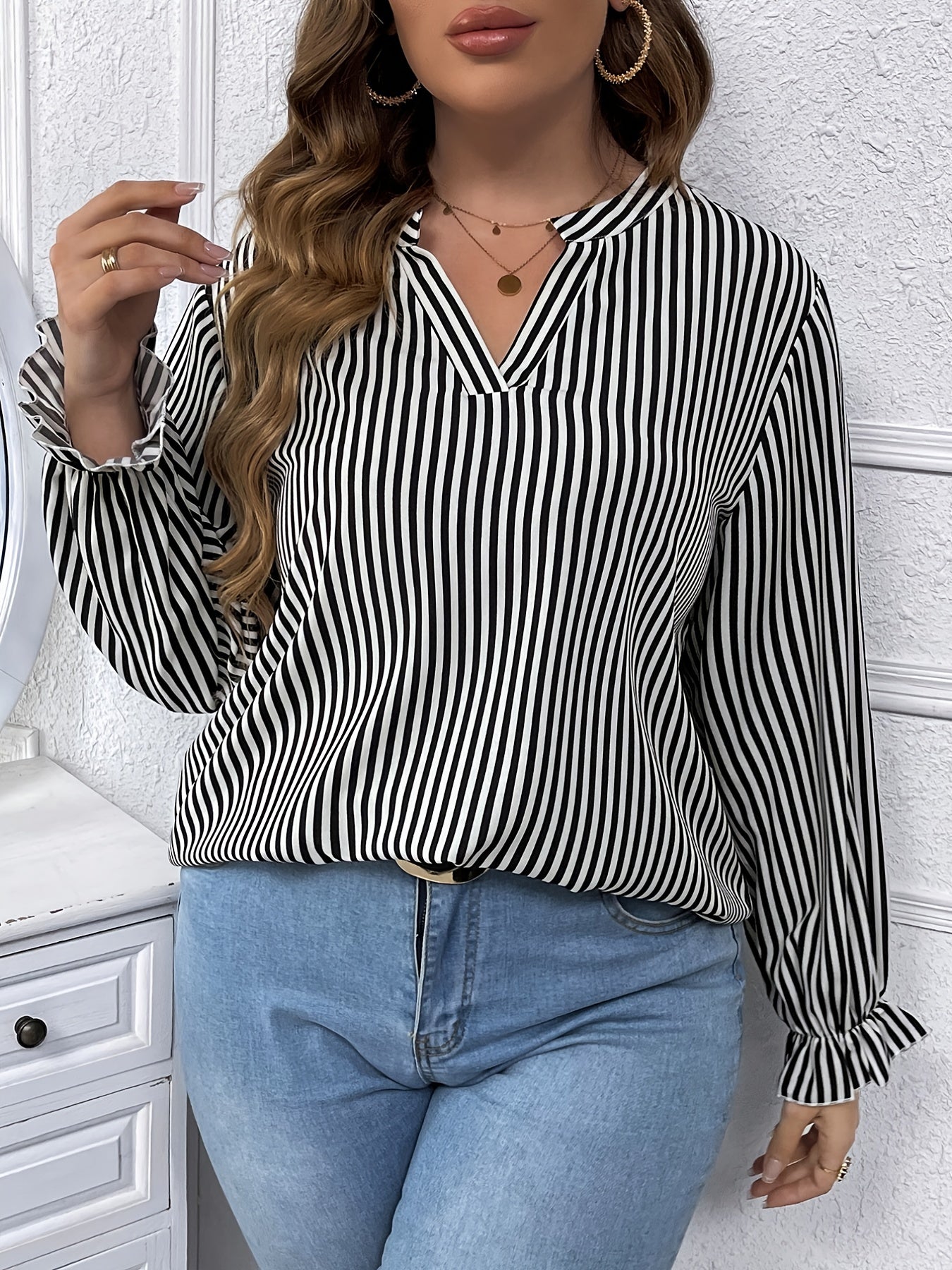 Striped Print Lantern Sleeve V Neck Blouse Plus Size Casual Blouse