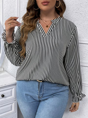 Striped Print Lantern Sleeve V Neck Blouse Plus Size Casual Blouse