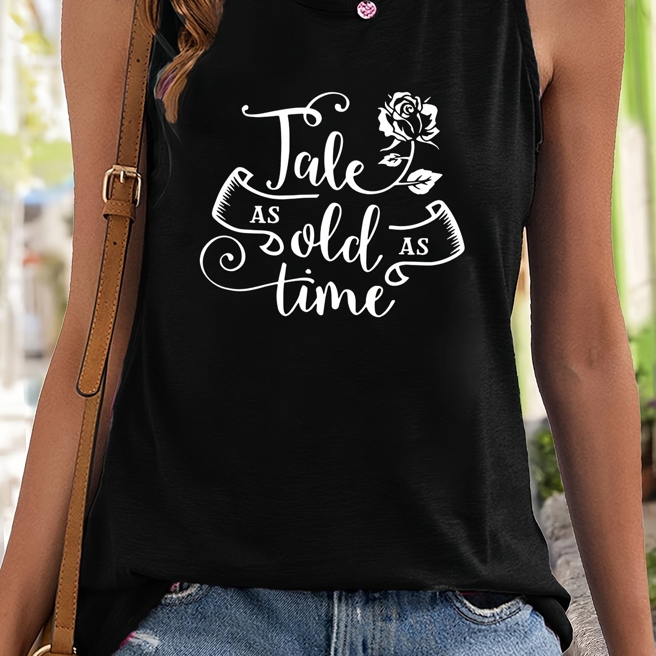 Letter Rose Print Tank Top Crew Neck Sleeveless Summer Top