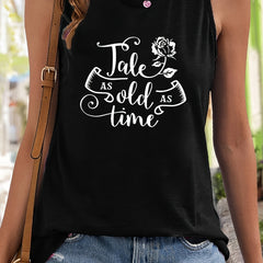 Letter Rose Print Tank Top Crew Neck Sleeveless Summer Top
