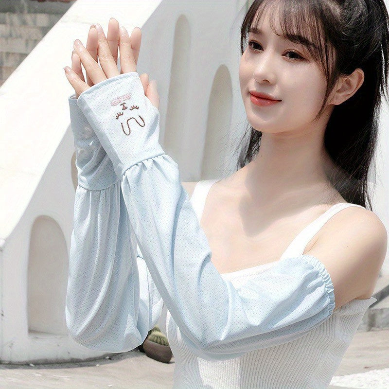 Breathable Mesh Arm Sleeves Women Bunny Embroidery UV Protection