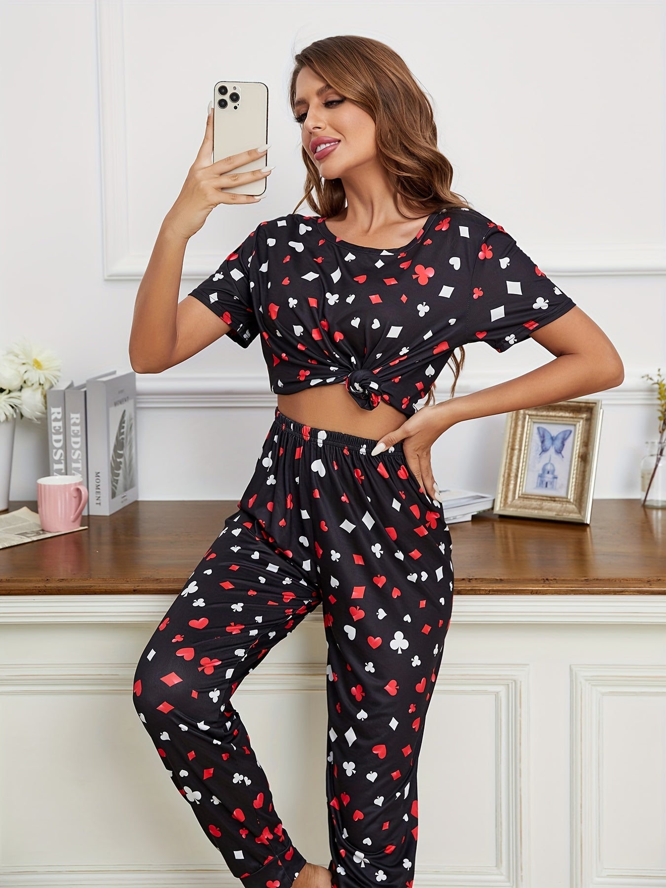 Geometric Print Short Sleeve Pajama Set for Women