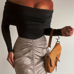 Solid Foldover Bodysuit Off Shoulder Long Sleeve
