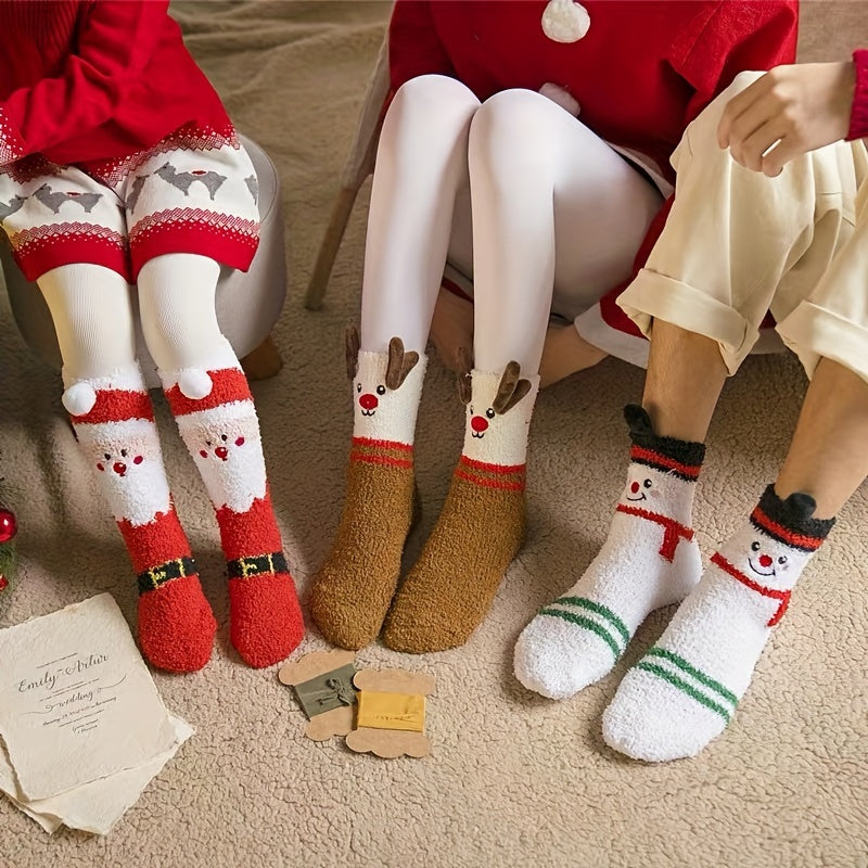 3 Pairs Christmas Fuzzy Socks Winter Warm Velvet Crew Socks
