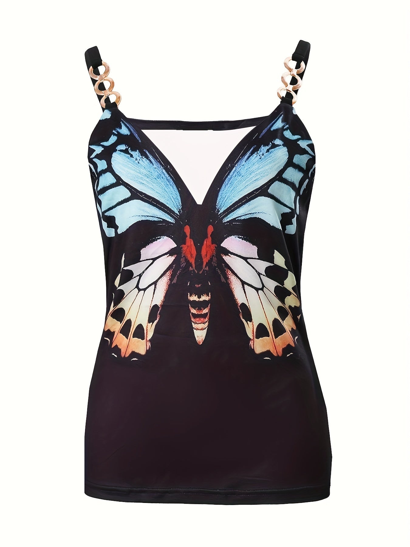 Butterfly Print Chain Strap Cami Top V Neck Summer Sleeveless Women's Cami