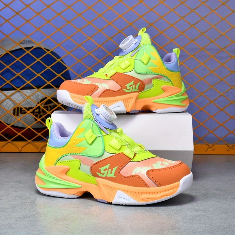 Boy's Color Block Basketball Shoes - Rotating Buckle Non Slip Sneakers