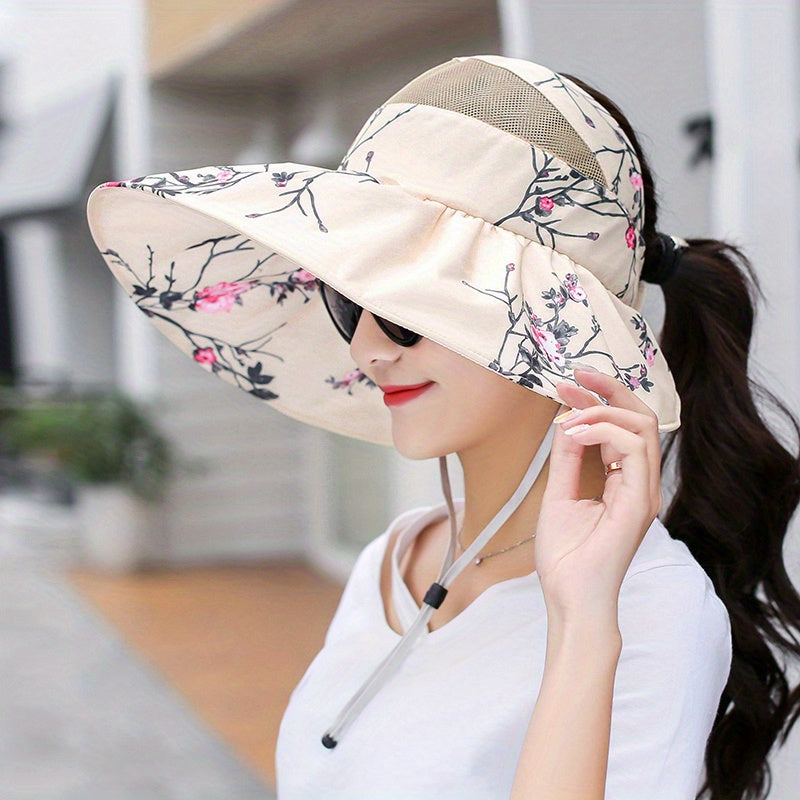 Flower Print Wide Brim Ponytail Sun Hat