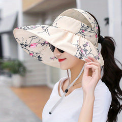 Flower Print Wide Brim Ponytail Sun Hat